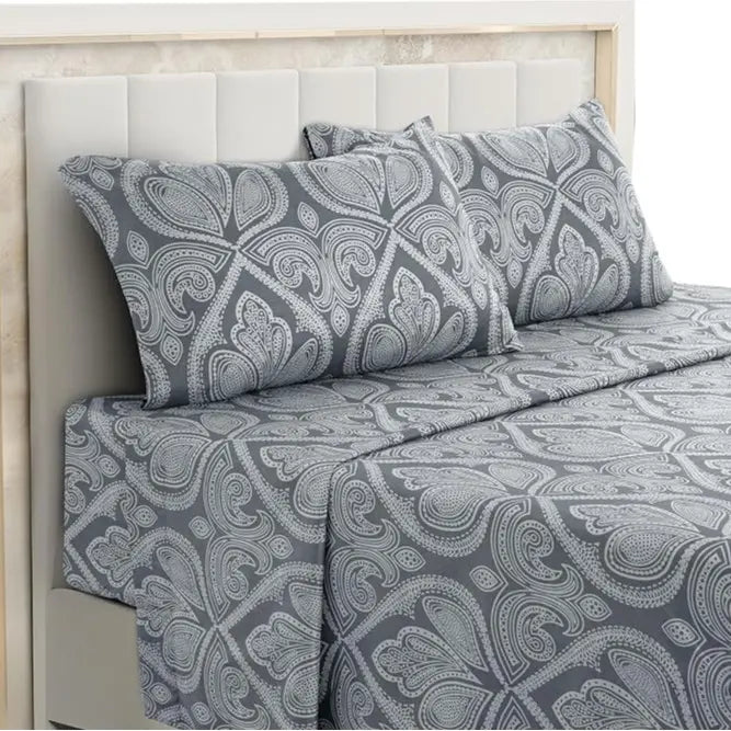 LDC Lux Decor Collection 4-Piece Soft Breathable Decorative Bedsheet Set - 16" Deep Pocket, Floral Bedding, Embroidered Pillowcases, Quatrefoil Design, Fade-Resistant for Long Use, Breathable Warm, Fits Queen/King/California King