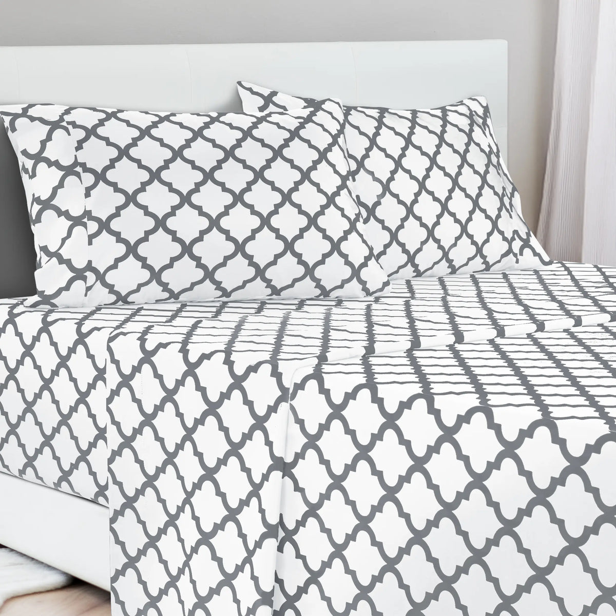 LDC Lux Decor Collection 4-Piece Soft Breathable Decorative Bedsheet Set - 16" Deep Pocket, Floral Bedding, Embroidered Pillowcases, Quatrefoil Design, Fade-Resistant for Long Use, Breathable Warm, Fits Queen/King/California King