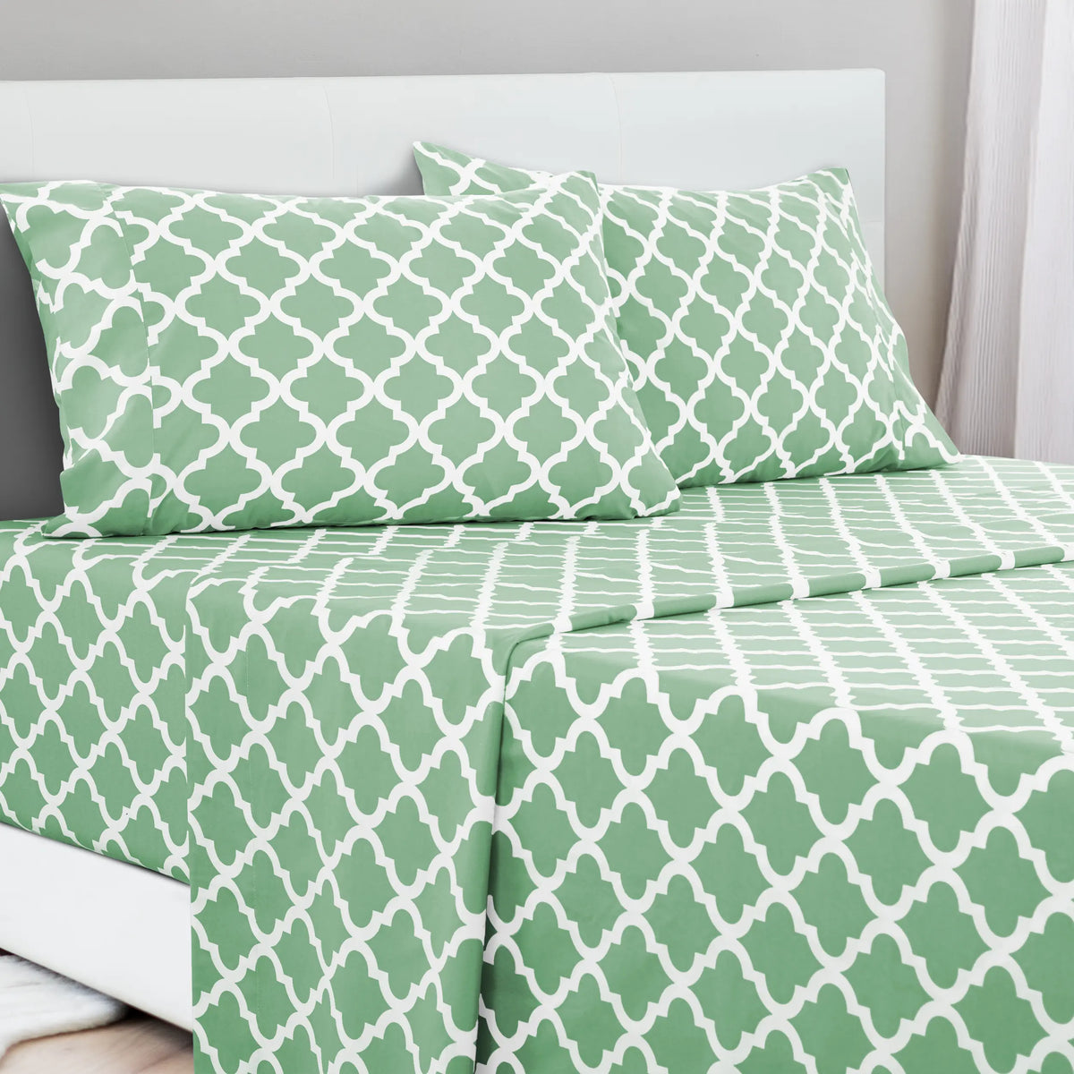 LDC Lux Decor Collection 4-Piece Soft Breathable Decorative Bedsheet Set - 16" Deep Pocket, Floral Bedding, Embroidered Pillowcases, Quatrefoil Design, Fade-Resistant for Long Use, Breathable Warm, Fits Queen/King/California King