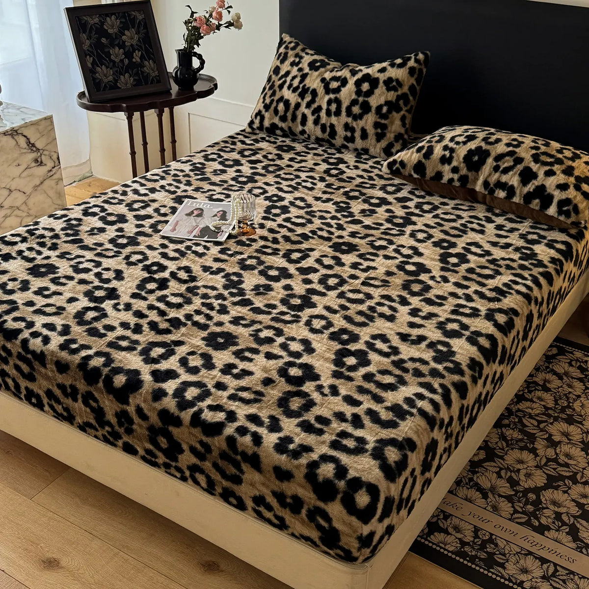 Faux Rabbit Fur Leopard Print Fitted Sheet 3-Piece Set, Bedding Sheets, Bedsheet Sets, Bedding Set – Soft & Warm Solid Color Bedding, Set (Includes 1 Fitted Sheet + 1/2 Pillowcases), All-Season, Bedroom, Dorm, Sofa, Christmas Gift