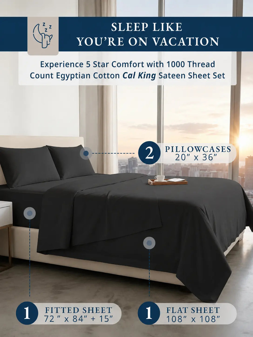 LANE LINEN 1000 Thread Count 100% Egyptian Cotton Sateen Sheet Set, OEKO-TEX Certified, 15" Deep Pocket, Naturally Cooling & Breathable, Hotel Luxury Bedding