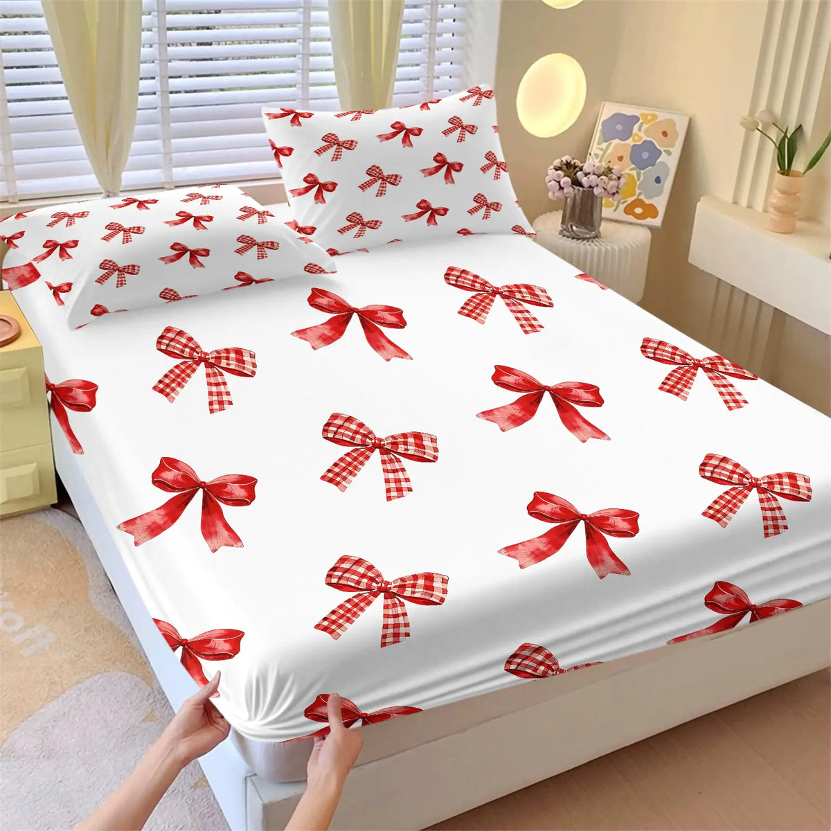 Sweet Gradient All-Over Print Bow Fitted Sheet Set, Includes 1 Fitted Sheet & 2 Coreless Pillowcases, Soft And Breathable Deep Pocket Mattress Cover, Teenage Girls’ Macaron-Style Bedding Set, Cream INS Girly Bedroom Decor, Soft Comfy Bedding