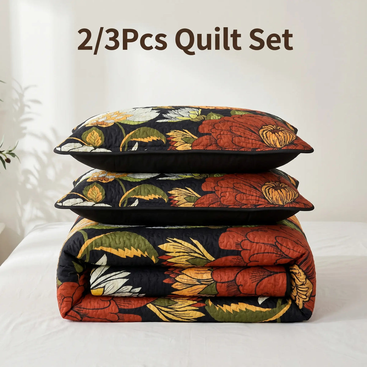 2/3PC Oil Painting Vintage Floral Quilt Set – Black Background Large Floral Print, Ultra-Soft Breathable Bedding, All-Season Machine Washable for Bedroom Dorm Cozy Vibe