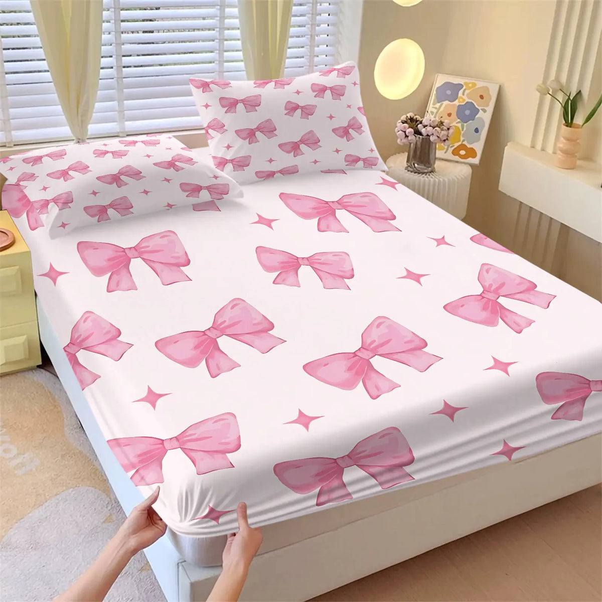 Sweet Gradient All-Over Print Bow Fitted Sheet Set, Includes 1 Fitted Sheet & 2 Coreless Pillowcases, Soft And Breathable Deep Pocket Mattress Cover, Teenage Girls’ Macaron-Style Bedding Set, Cream INS Girly Bedroom Decor, Soft Comfy Bedding