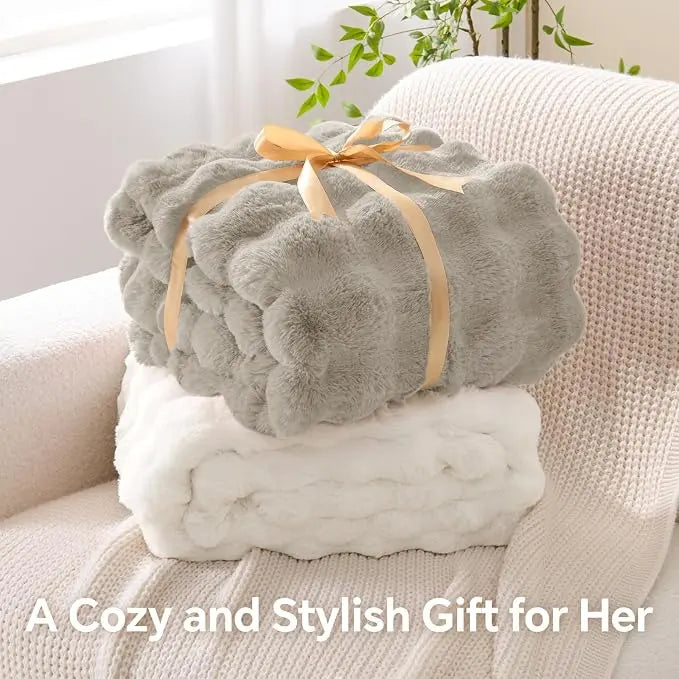 Faux Rabbit Fur Bubble Throw Blanket - Soft Texture, Plush Fur, Cozy Look, Bubble Shape Indoor Furniture Accessory, Random Color Charm, All-Season Warm Gift for Women, Indoor Use for Couch/Bed (1 Item Max per Customer)