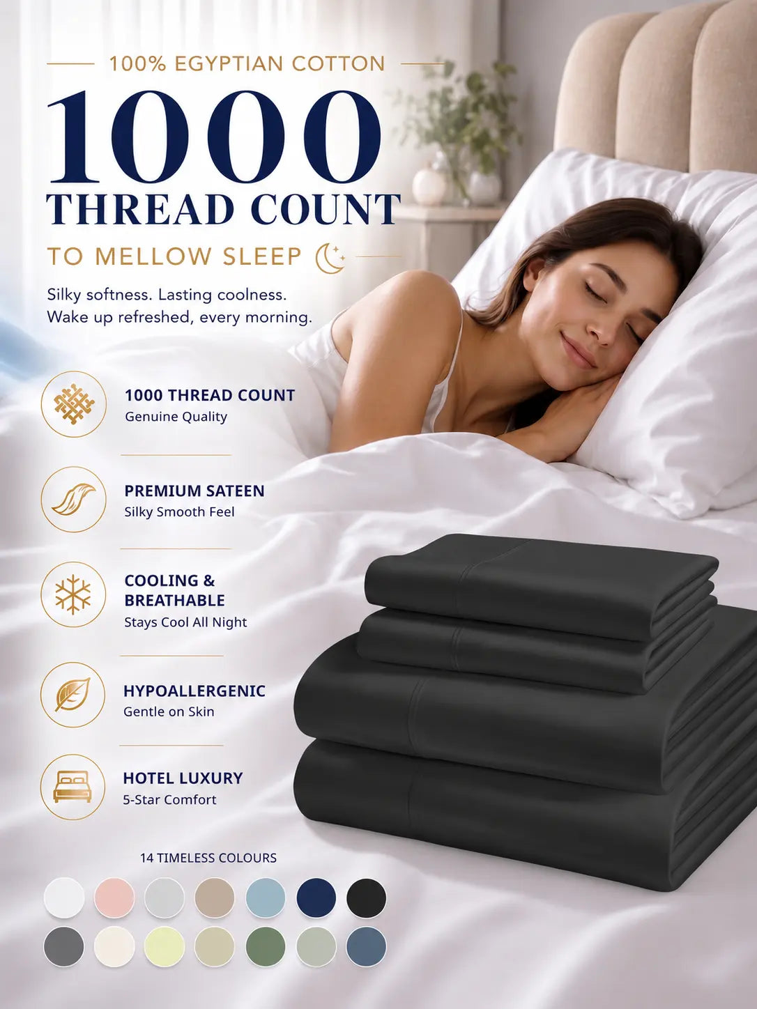 LANE LINEN 1000 Thread Count 100% Egyptian Cotton Sateen Sheet Set, OEKO-TEX Certified, 15" Deep Pocket, Naturally Cooling & Breathable, Hotel Luxury Bedding