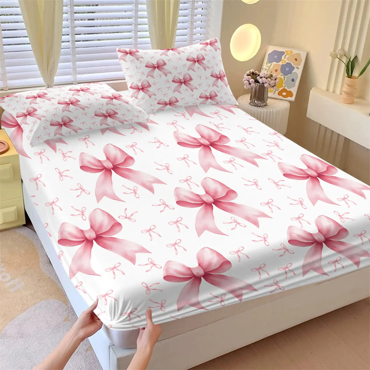 Sweet Gradient All-Over Print Bow Fitted Sheet Set, Includes 1 Fitted Sheet & 2 Coreless Pillowcases, Soft And Breathable Deep Pocket Mattress Cover, Teenage Girls’ Macaron-Style Bedding Set, Cream INS Girly Bedroom Decor, Soft Comfy Bedding