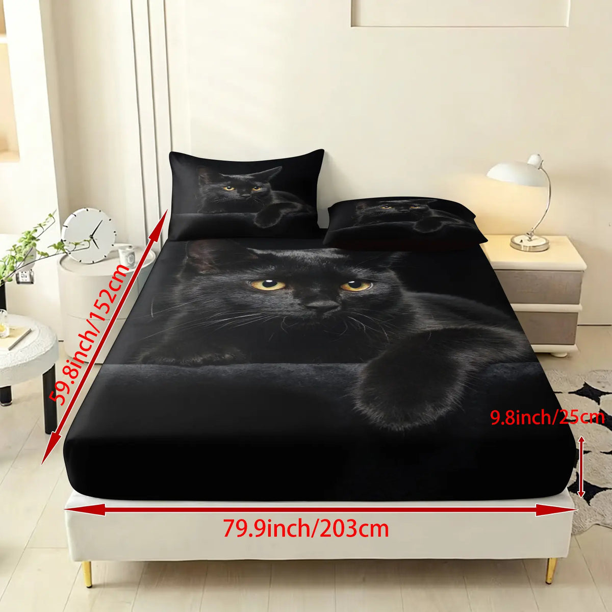 3PCS Black Cute Cat Pattern Printed Bed Sheet Three Piece Set (One Bed Sheet and Two Pillowcases) Bed Sheet Height 9.8 inches, 100% Polyester Material Machine Washable - Suitable for all seasons, ideal for bedroom and dormitory decoration