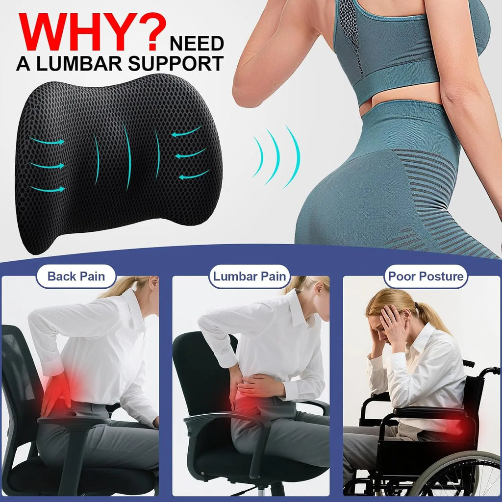 【NewYear2026】Contoured Durable Supportive Memory Foam Lumbar Support Pillow with Strap - Pressure-Distributing, Fits Car & Chair, Pain Relief Ergonomic Cushion for Car Interior Accessories, Office Chair (Black)