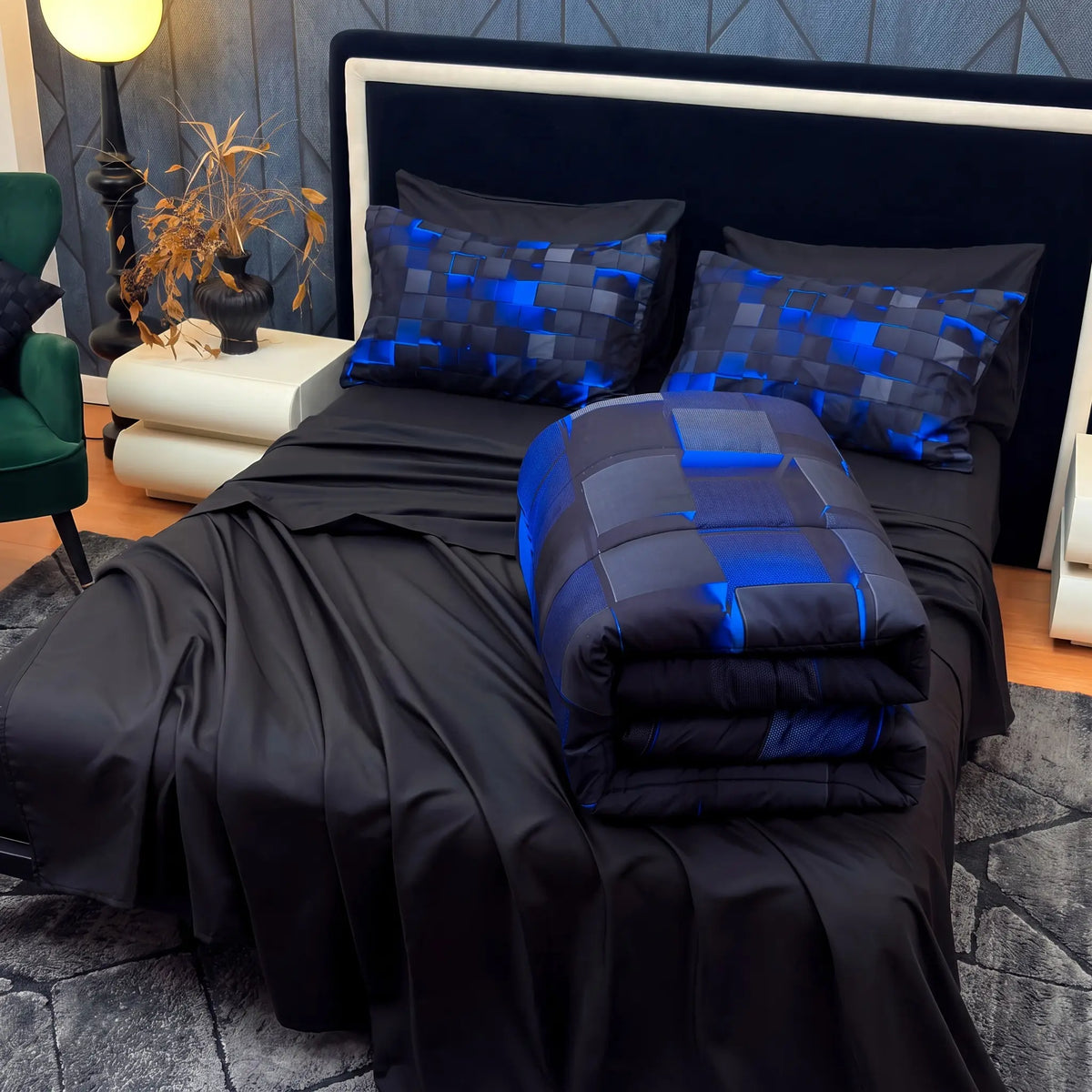 [Weekly Deal] 3/6/7Pcs Geometric Plaid Comforter Set – Modern Blue Cyber Grid Print, All Season Lightweight Bedding with fit Sheets, Soft Breathable Microfiber for Bedroom Dorm mid year sale