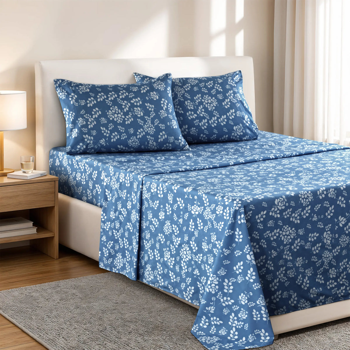 LDC Lux Decor Collection 4-Piece Soft Breathable Decorative Bedsheet Set - 16" Deep Pocket, Floral Bedding, Embroidered Pillowcases, Quatrefoil Design, Fade-Resistant for Long Use, Breathable Warm, Fits Queen/King/California King