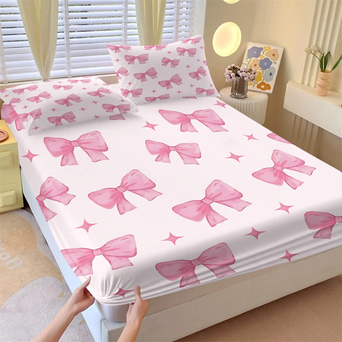 Sweet Gradient All-Over Print Bow Fitted Sheet Set, Includes 1 Fitted Sheet & 2 Coreless Pillowcases, Soft And Breathable Deep Pocket Mattress Cover, Teenage Girls’ Macaron-Style Bedding Set, Cream INS Girly Bedroom Decor, Soft Comfy Bedding