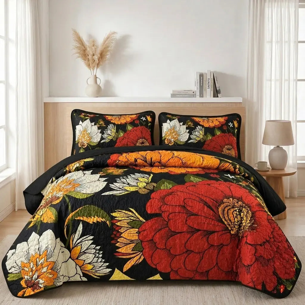 2/3PC Oil Painting Vintage Floral Quilt Set – Black Background Large Floral Print, Ultra-Soft Breathable Bedding, All-Season Machine Washable for Bedroom Dorm Cozy Vibe