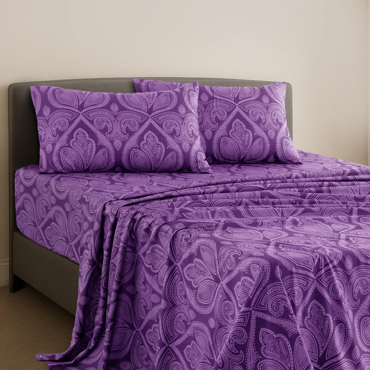 LDC Lux Decor Collection 4-Piece Soft Breathable Decorative Bedsheet Set - 16" Deep Pocket, Floral Bedding, Embroidered Pillowcases, Quatrefoil Design, Fade-Resistant for Long Use, Breathable Warm, Fits Queen/King/California King