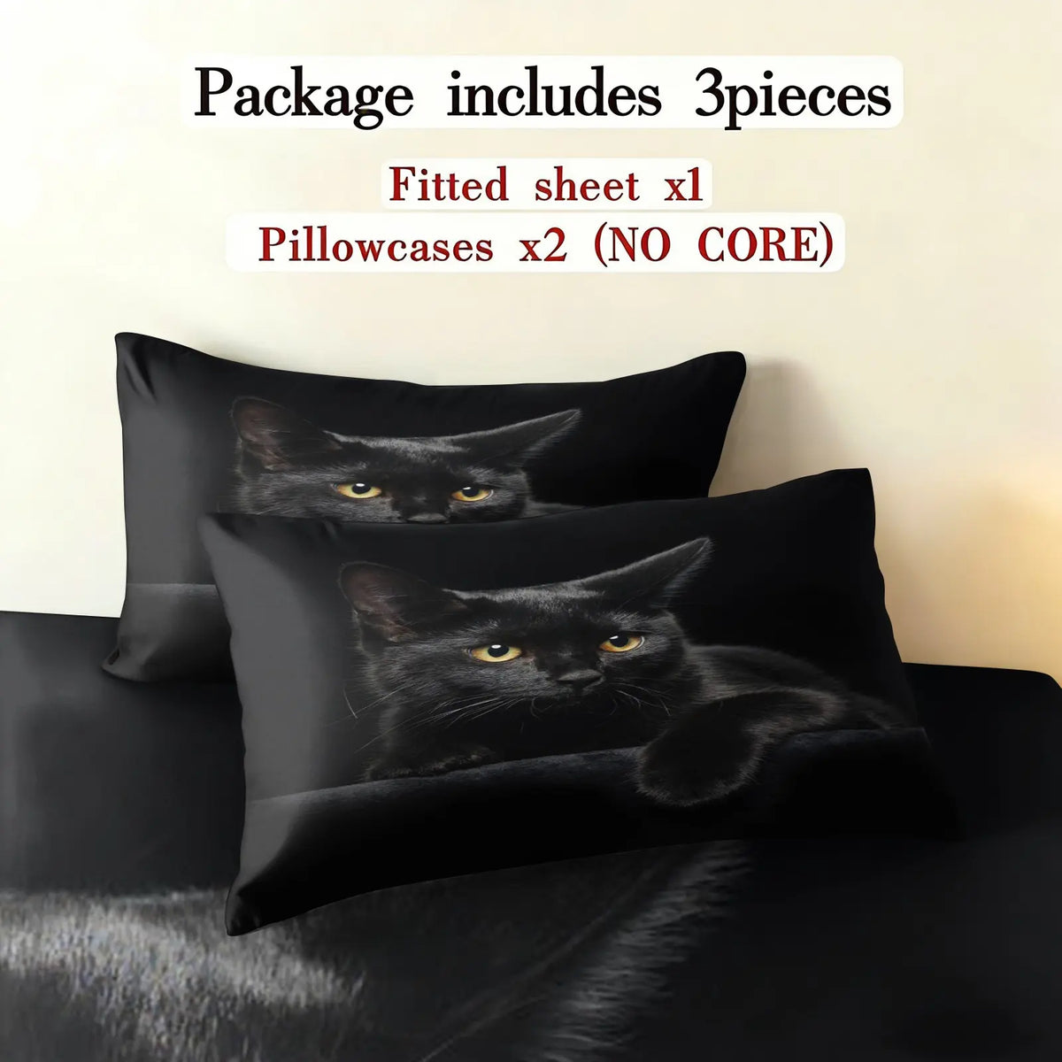 3PCS Black Cute Cat Pattern Printed Bed Sheet Three Piece Set (One Bed Sheet and Two Pillowcases) Bed Sheet Height 9.8 inches, 100% Polyester Material Machine Washable - Suitable for all seasons, ideal for bedroom and dormitory decoration