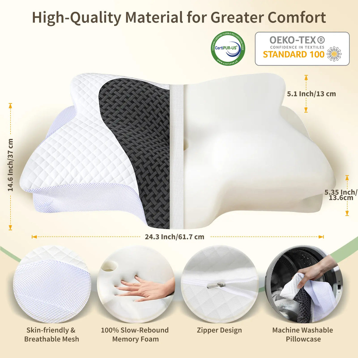 【Stockup】Durable Memory Foam Pillow, Ergonomic Contour Orthopedic Cervical Pillow with Dual Height Design, Skin-Friendly Polyester, Anti-Bacterial, Breathable, Machine Washable for Neck Support (Side, Back Sleepers), Home Bedding Essential