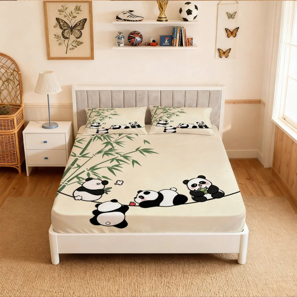 Panda Bamboo Fitted Sheet 3-Piece Set (1 Fitted Sheet + 2 Pillowcases), Cartoon Style Deep Pocket Fitted Sheet, Soft Breathable Microfiber Bedding, Bed Sheets, Bed Linens, for Teens’ Bedroom Decor, Ideal Birthday & Holiday Gifts