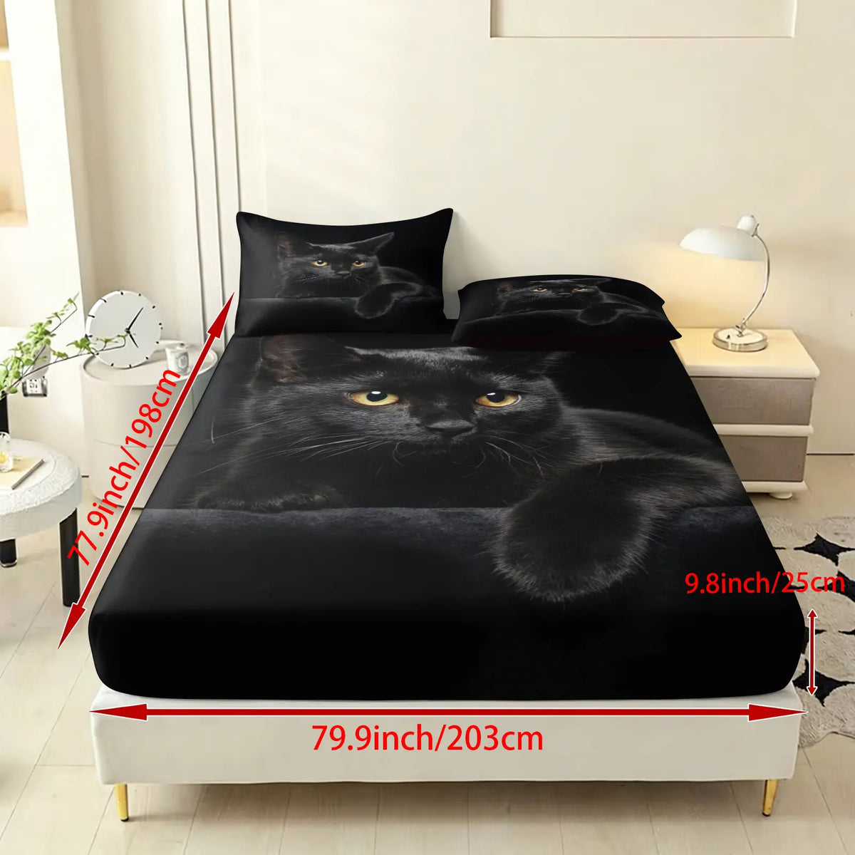 3PCS Black Cute Cat Pattern Printed Bed Sheet Three Piece Set (One Bed Sheet and Two Pillowcases) Bed Sheet Height 9.8 inches, 100% Polyester Material Machine Washable - Suitable for all seasons, ideal for bedroom and dormitory decoration