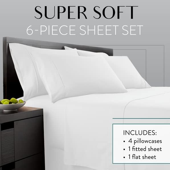 Danjor Linens Bed Sheet Set Queen Size for Hot Sleepers, Hotel Premium Sheets with 4 Pillowcases, Lightweight Brushed Microfiber Deep Pockets, Breathable Cooling 6 Piece Bedding Sets, White