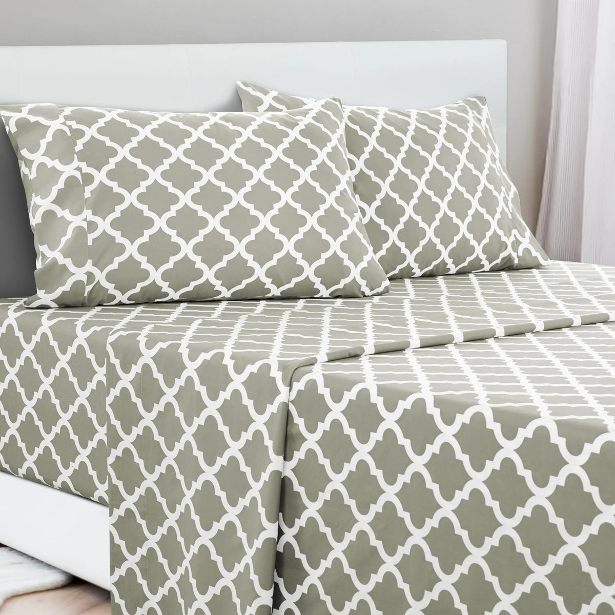 LDC Lux Decor Collection 4-Piece Soft Breathable Decorative Bedsheet Set - 16" Deep Pocket, Floral Bedding, Embroidered Pillowcases, Quatrefoil Design, Fade-Resistant for Long Use, Breathable Warm, Fits Queen/King/California King