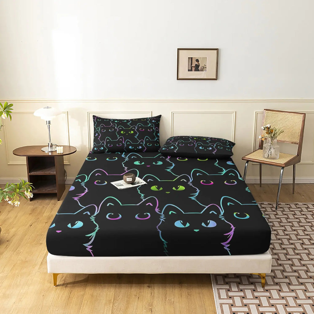 3 Pieces Black Outline Black Cat Fitted Sheet Set, Cute Kitten Pet Animal Print Bedding, Soft Microfiber Gothic  Bedding Decor for Teens Adults, Bedding Sets (1 Duvet Cover + 2 Pillowcases, No Comforter No Pillow)