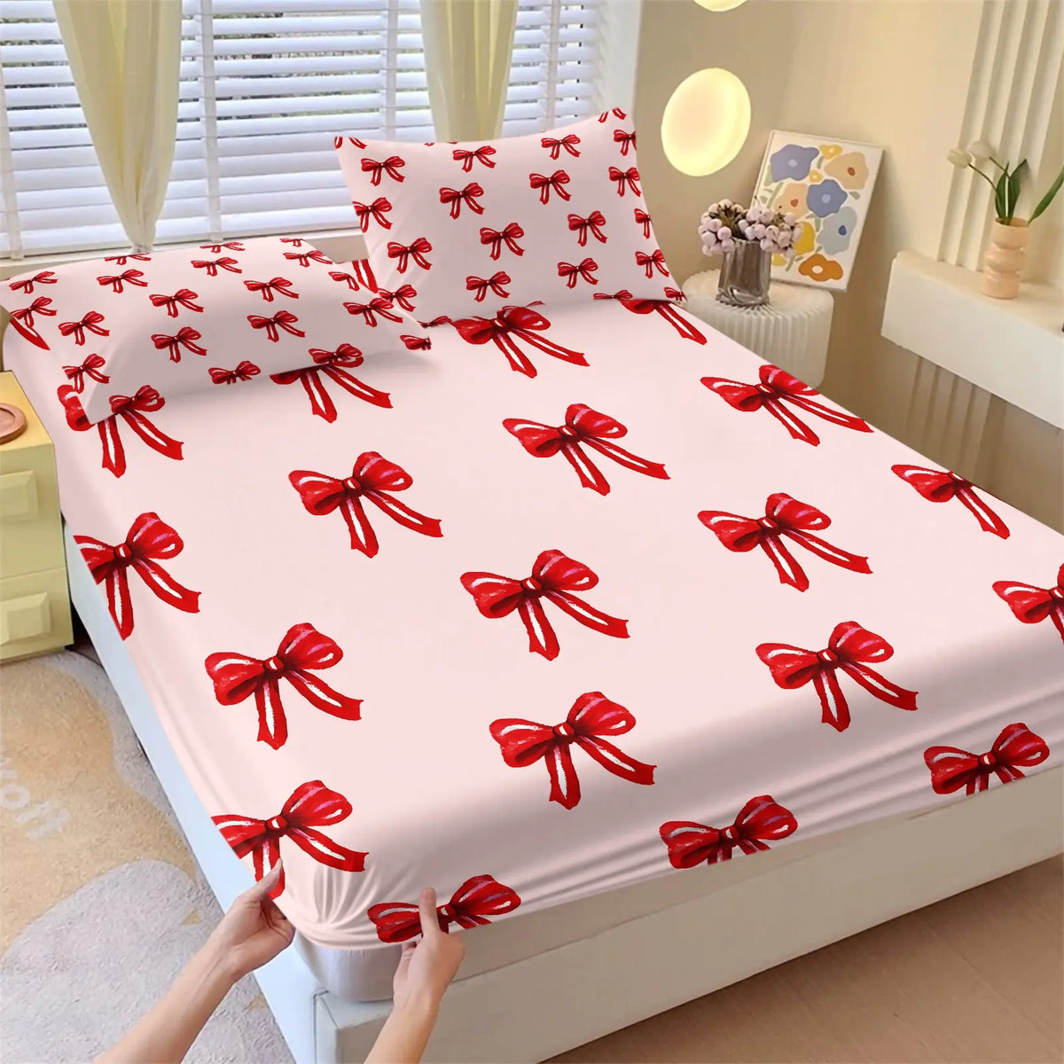 Sweet Gradient All-Over Print Bow Fitted Sheet Set, Includes 1 Fitted Sheet & 2 Coreless Pillowcases, Soft And Breathable Deep Pocket Mattress Cover, Teenage Girls’ Macaron-Style Bedding Set, Cream INS Girly Bedroom Decor, Soft Comfy Bedding