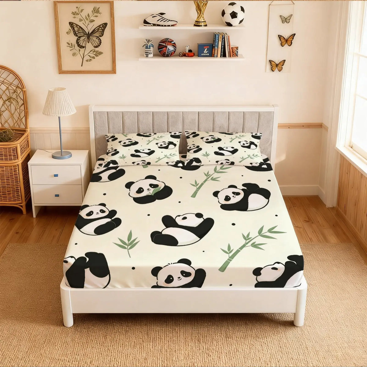 Panda Bamboo Fitted Sheet 3-Piece Set (1 Fitted Sheet + 2 Pillowcases), Cartoon Style Deep Pocket Fitted Sheet, Soft Breathable Microfiber Bedding, Bed Sheets, Bed Linens, for Teens’ Bedroom Decor, Ideal Birthday & Holiday Gifts