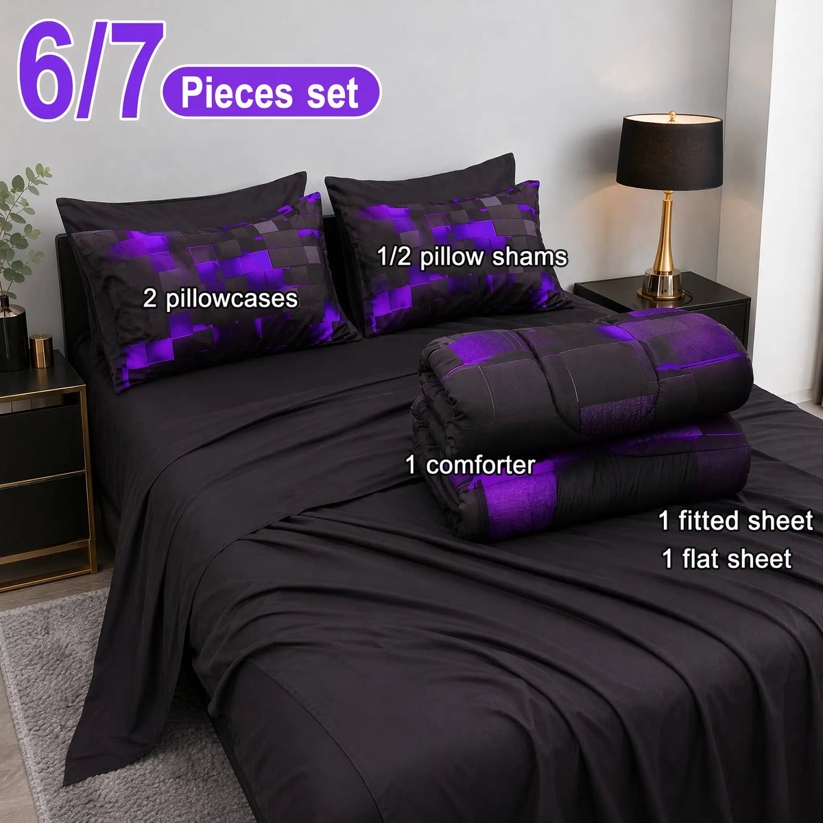 [Weekly Deal] 3/6/7Pcs Geometric Plaid Comforter Set – Modern Blue Cyber Grid Print, All Season Lightweight Bedding with fit Sheets, Soft Breathable Microfiber for Bedroom Dorm mid year sale