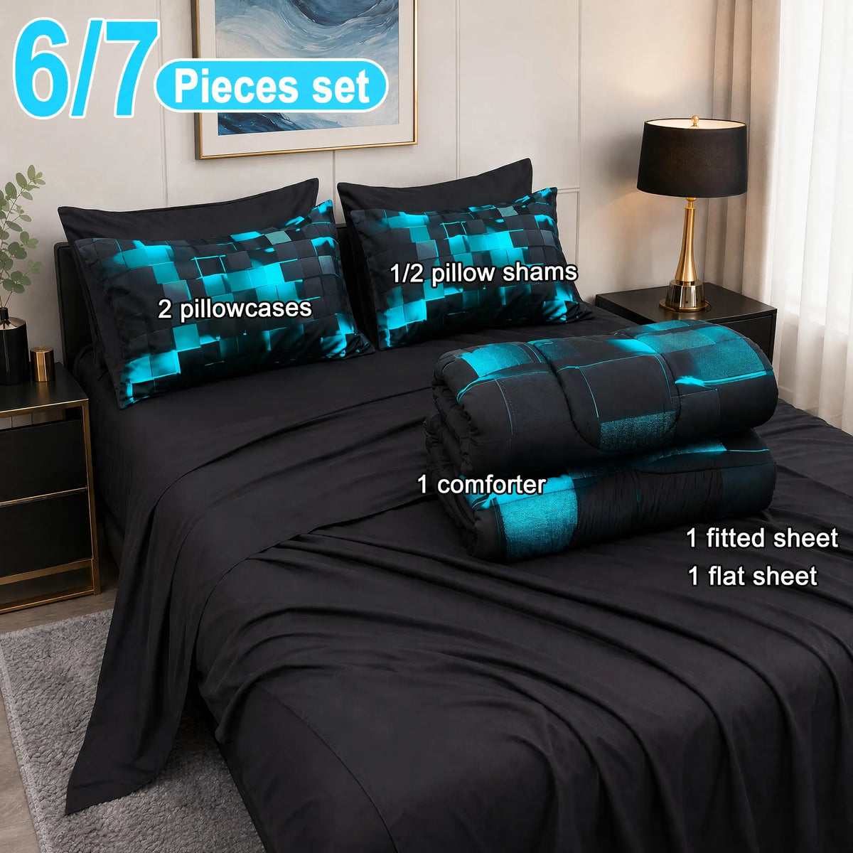 [Weekly Deal] 3/6/7Pcs Geometric Plaid Comforter Set – Modern Blue Cyber Grid Print, All Season Lightweight Bedding with fit Sheets, Soft Breathable Microfiber for Bedroom Dorm mid year sale