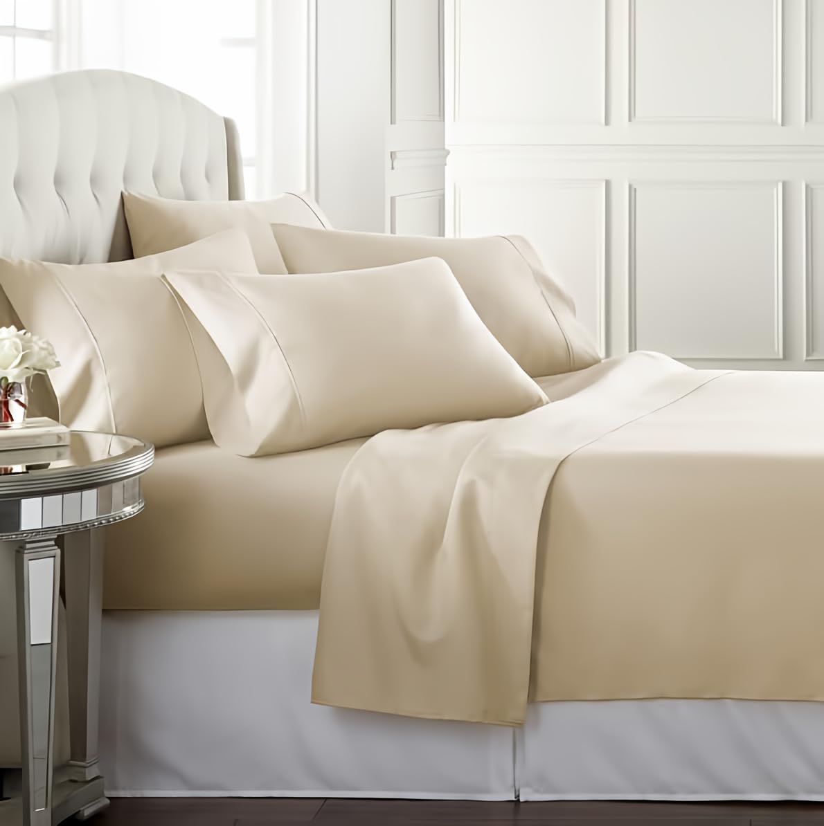 Danjor Linens Bed Sheet Set Queen Size for Hot Sleepers, Hotel Premium Sheets with 4 Pillowcases, Lightweight Brushed Microfiber Deep Pockets, Breathable Cooling 6 Piece Bedding Sets, White
