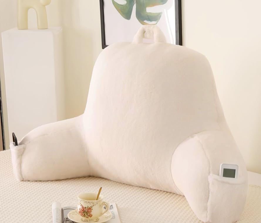 Reading Pillow for Sitting in Bed with Arm,White Corduroy, M