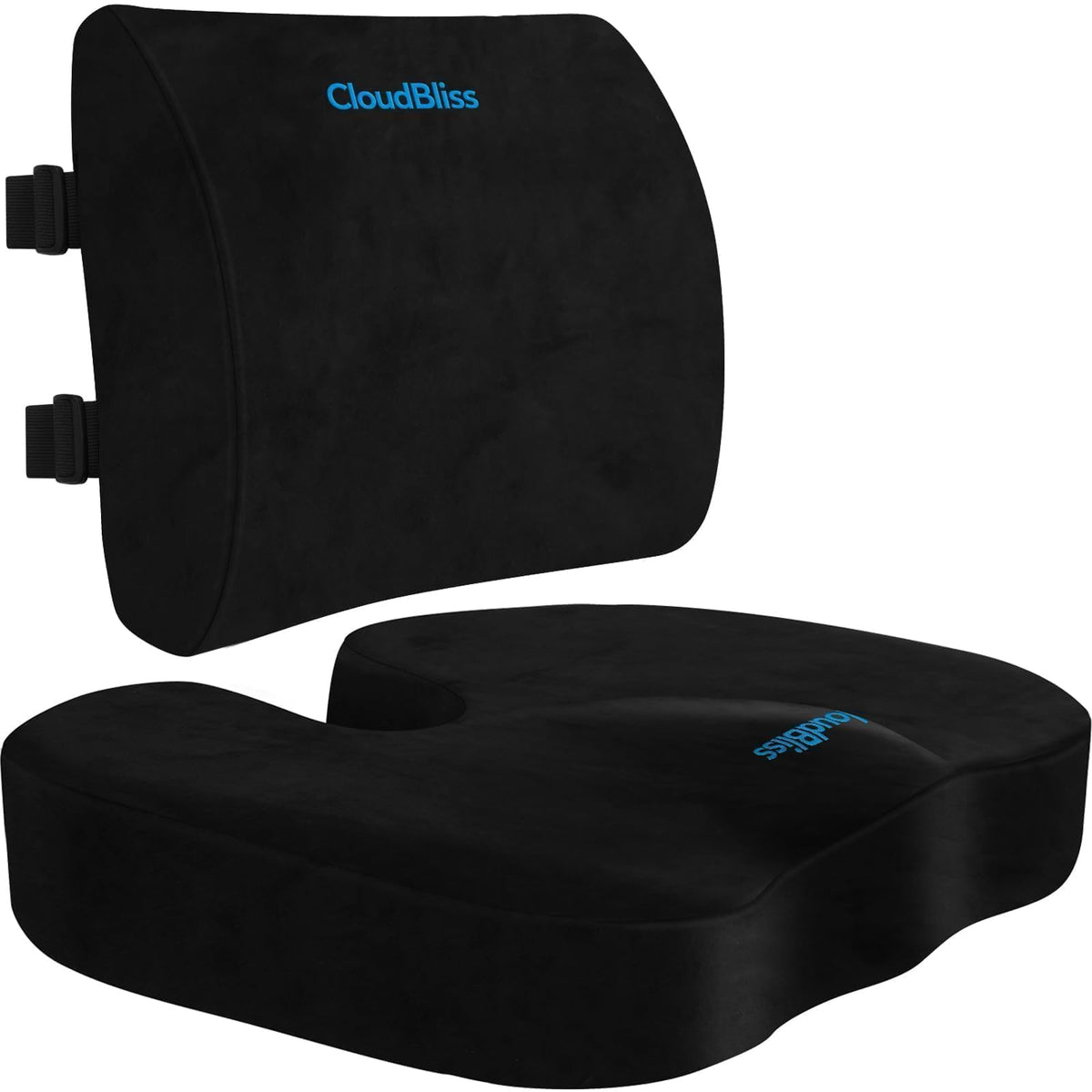 CloudBliss Ergonomic Seat Cushion & Lumbar Support Pillow Set, Black,Large
