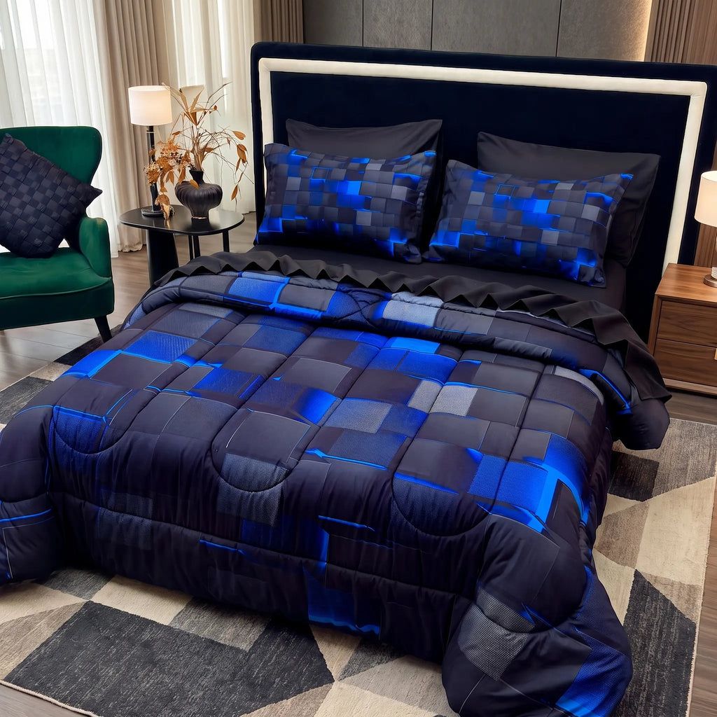 [Weekly Deal] 3/6/7Pcs Geometric Plaid Comforter Set – Modern Blue Cyber Grid Print, All Season Lightweight Bedding with fit Sheets, Soft Breathable Microfiber for Bedroom Dorm mid year sale