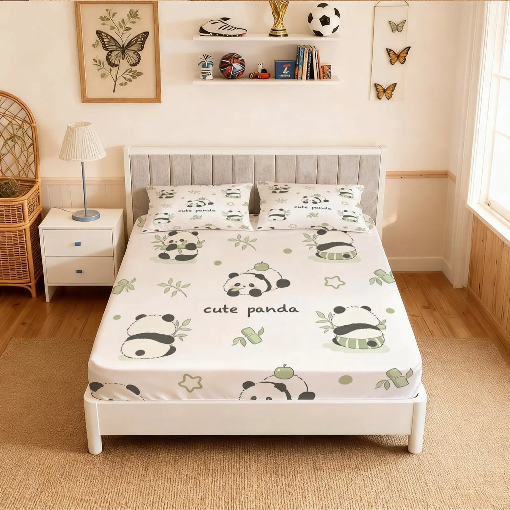 Panda Bamboo Fitted Sheet 3-Piece Set (1 Fitted Sheet + 2 Pillowcases), Cartoon Style Deep Pocket Fitted Sheet, Soft Breathable Microfiber Bedding, Bed Sheets, Bed Linens, for Teens’ Bedroom Decor, Ideal Birthday & Holiday Gifts