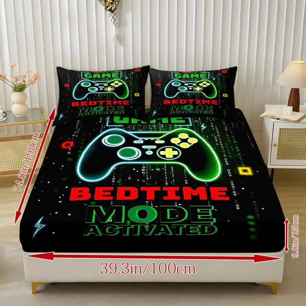 Game Controller Bed Sheet Set (1 Fitted + 2 Pillowcases), Modern Style, Complete Sheet Set, Suitable for Dorms, Bedrooms, Hotels, All Seasons, No Fillers, Polyester Bedding Set