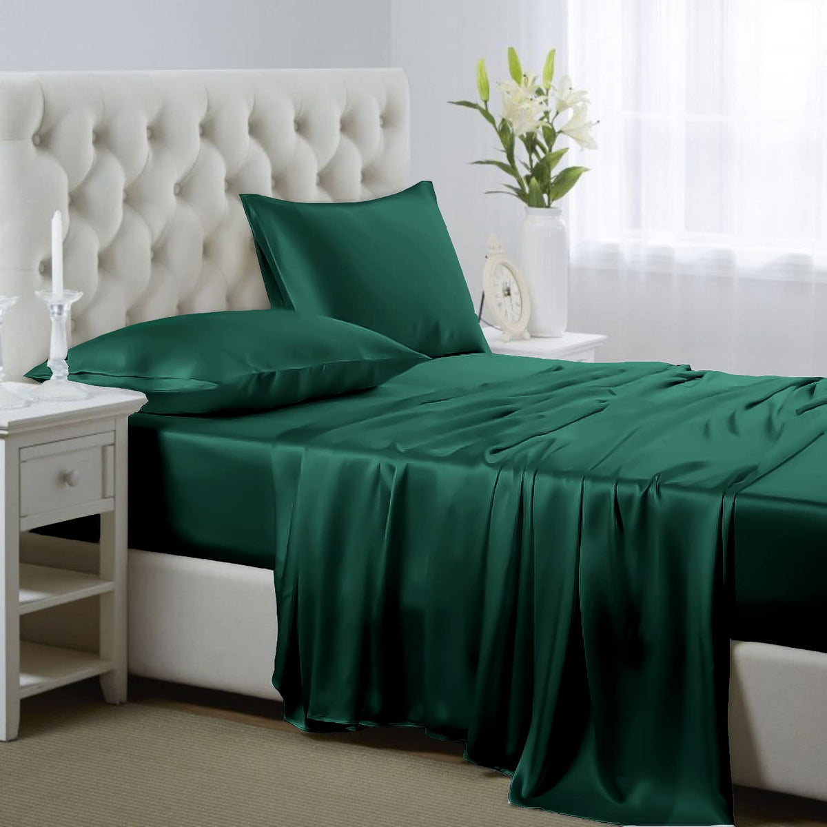 Silk like Satin Sheets, Queen Size Bed Sheet Set, Light Gray, 4 Piece