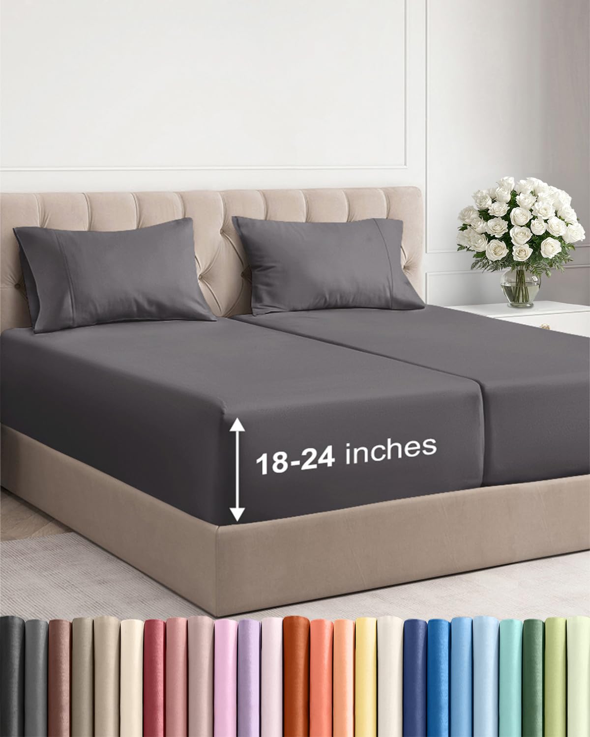 Extra Deep Queen Sheet Set - 4 Piece Breathable Cooling Sheets - Dark Grey