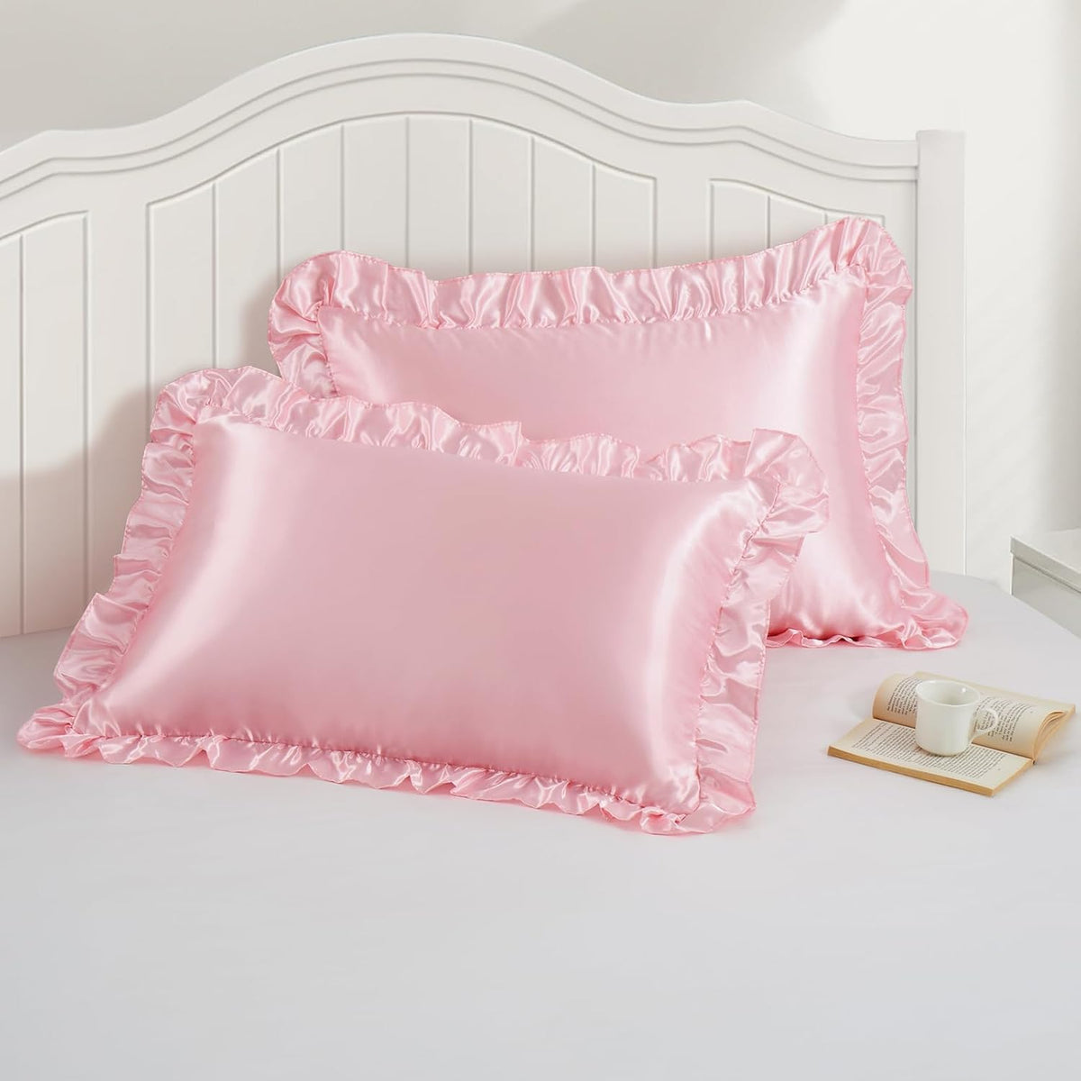 P Pothuiny 3-Piece Set Ruffle Satin Pillowcases & Twin Fitted Sheet