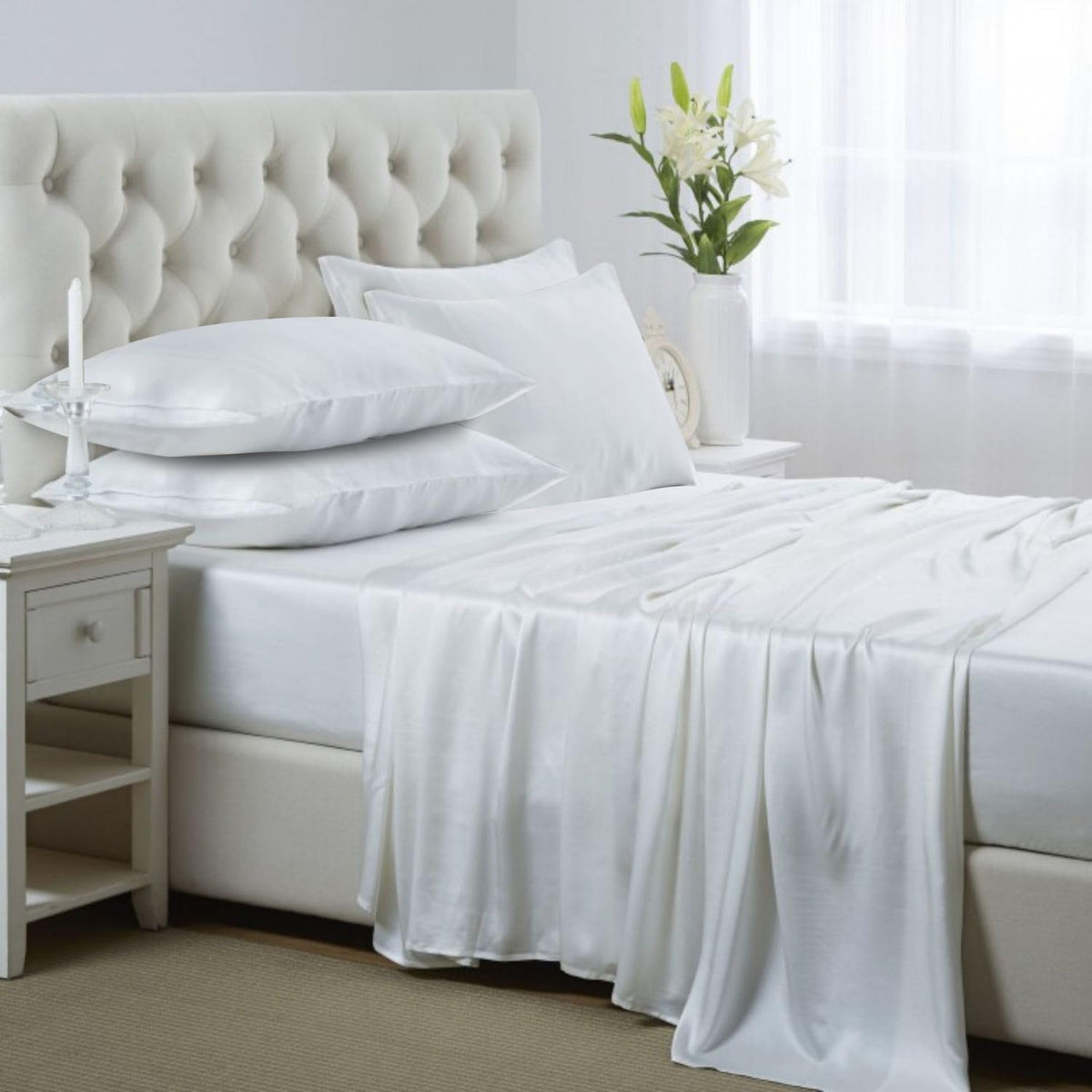 Silk like Satin Sheets, Queen Size Bed Sheet Set, Light Gray, 4 Piece