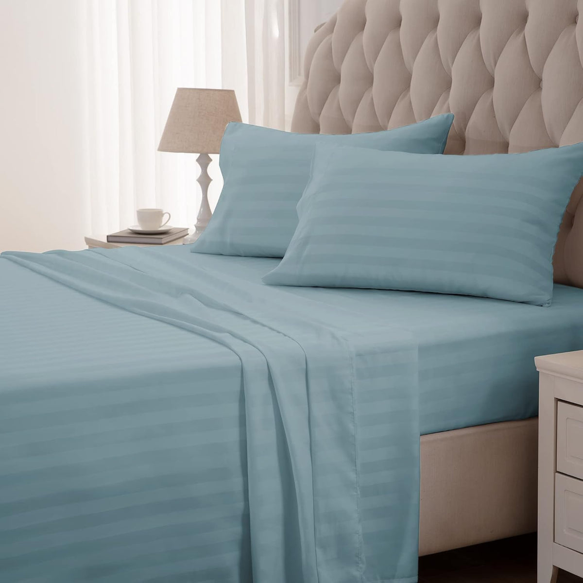 SLEEP ZONE Striped Cooling Queen Sheets Set - Fitted Flat Sheet & Pillowcase Sets 4 Piece - Super Soft Stripe Bed Sheet, Easy Care, Deep Pocket (Teal, Queen)