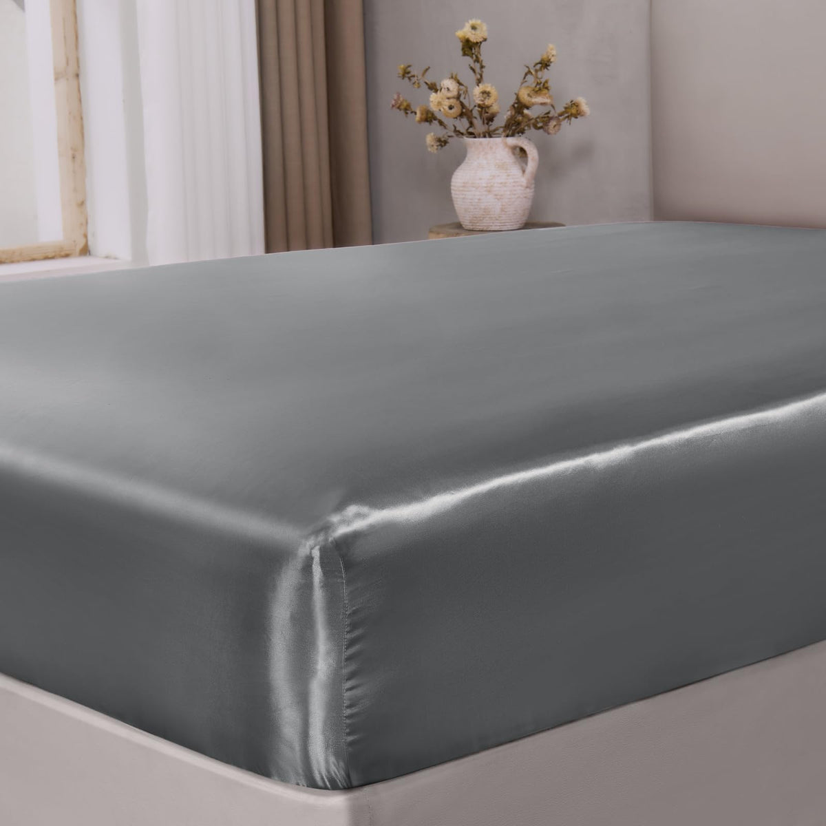 BEDELITE Satin Fitted Sheet Only, Queen Size, 15" Deep Pocket, Black
