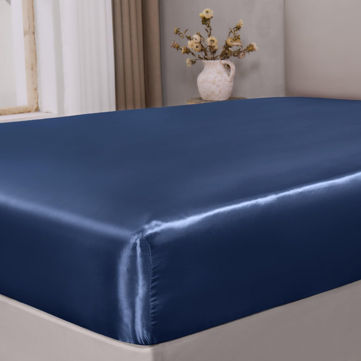 BEDELITE Satin Fitted Sheet Only, Queen Size, 15" Deep Pocket, Black