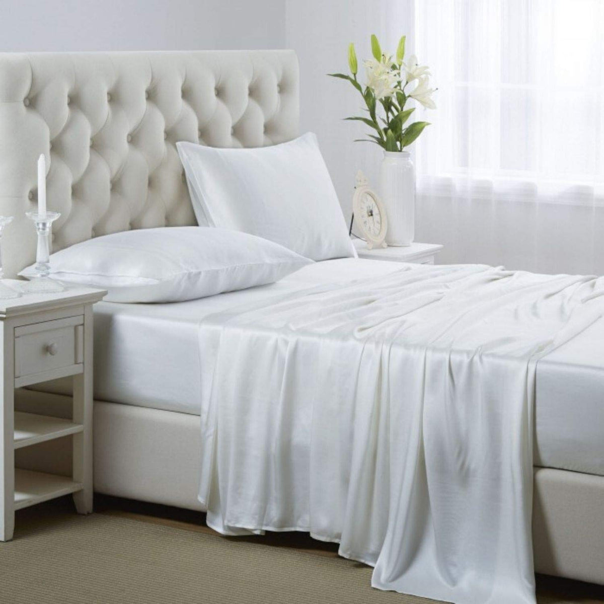 Silk like Satin Sheets, Queen Size Bed Sheet Set, Light Gray, 4 Piece