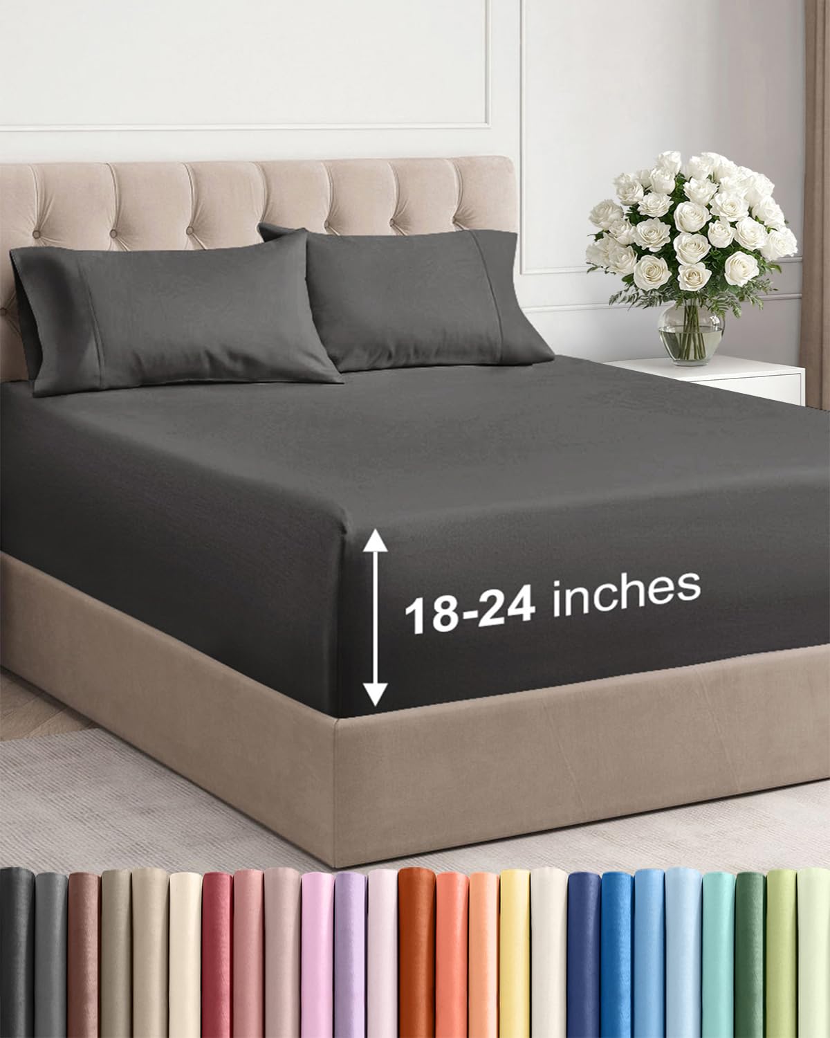 Extra Deep Queen Sheet Set - 4 Piece Breathable Cooling Sheets - Dark Grey