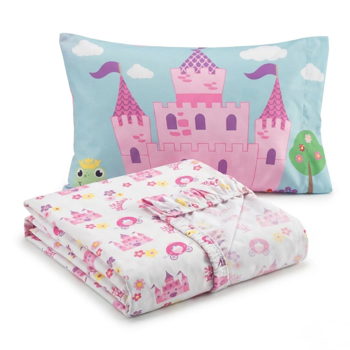 Everyday Kids Toddler Fitted Sheet and Pillowcase Set -Princess Storyland- Soft Breathable Microfiber Toddler Sheet Set