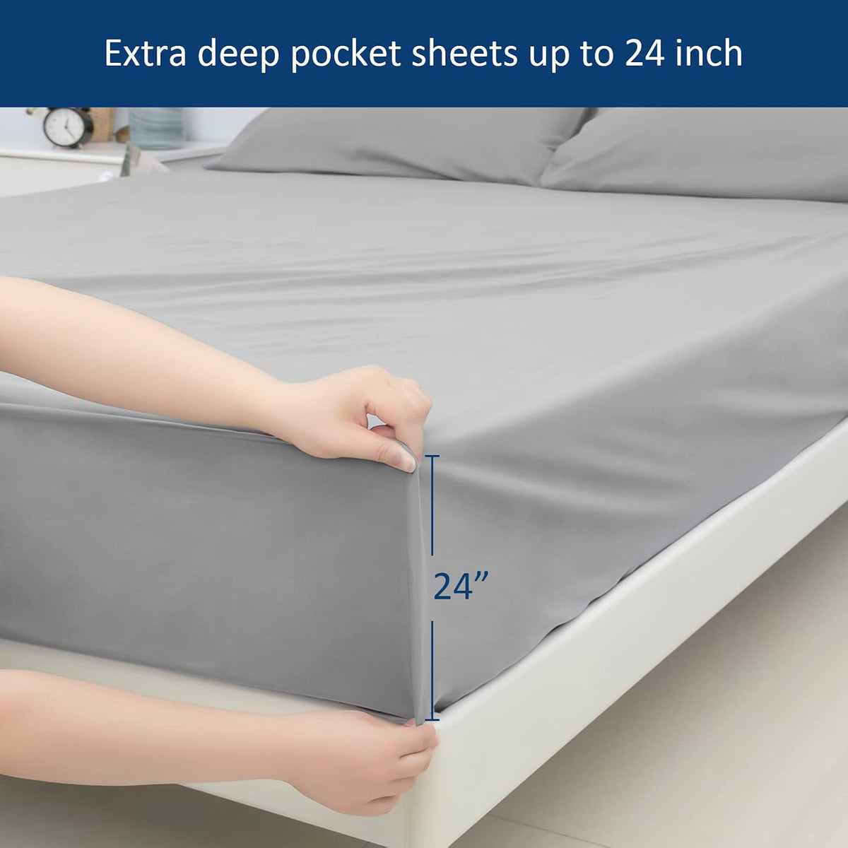 Moonsea Extra Deep Pocket Queen Sheet Sets for Air Mattress - Deep Pocket Sheets Queen Size Sets - Sheets with Pocket on Side - Easily Fits Extra Deep 16 in to 24 in Pillow Top Air Mattress (Grey)