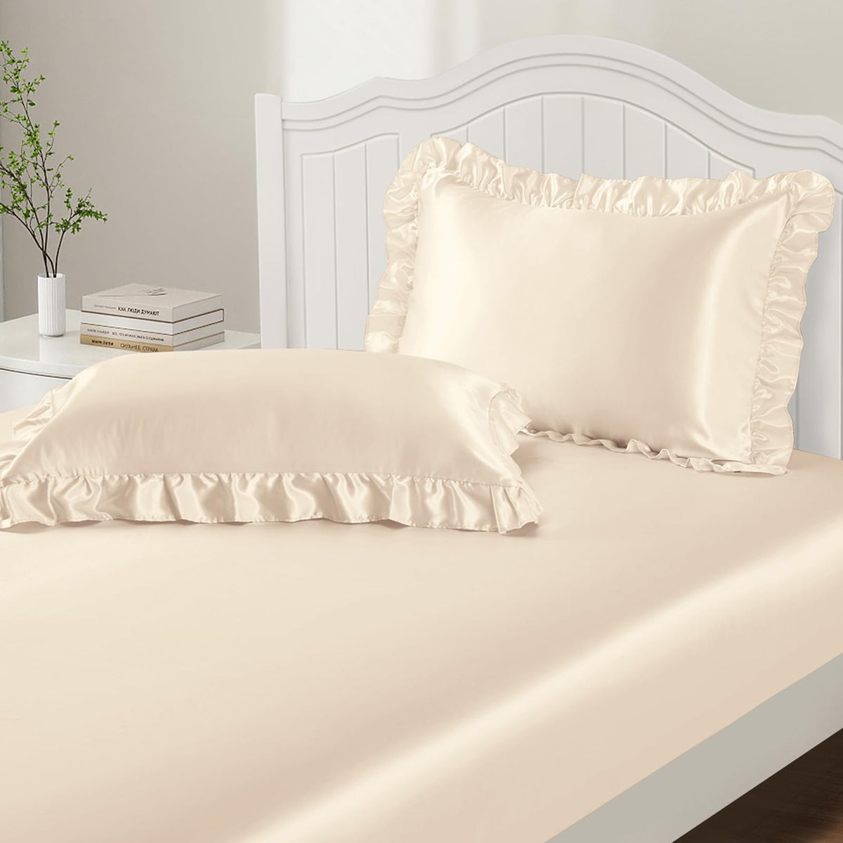 P Pothuiny 3-Piece Set Ruffle Satin Pillowcases & Twin Fitted Sheet