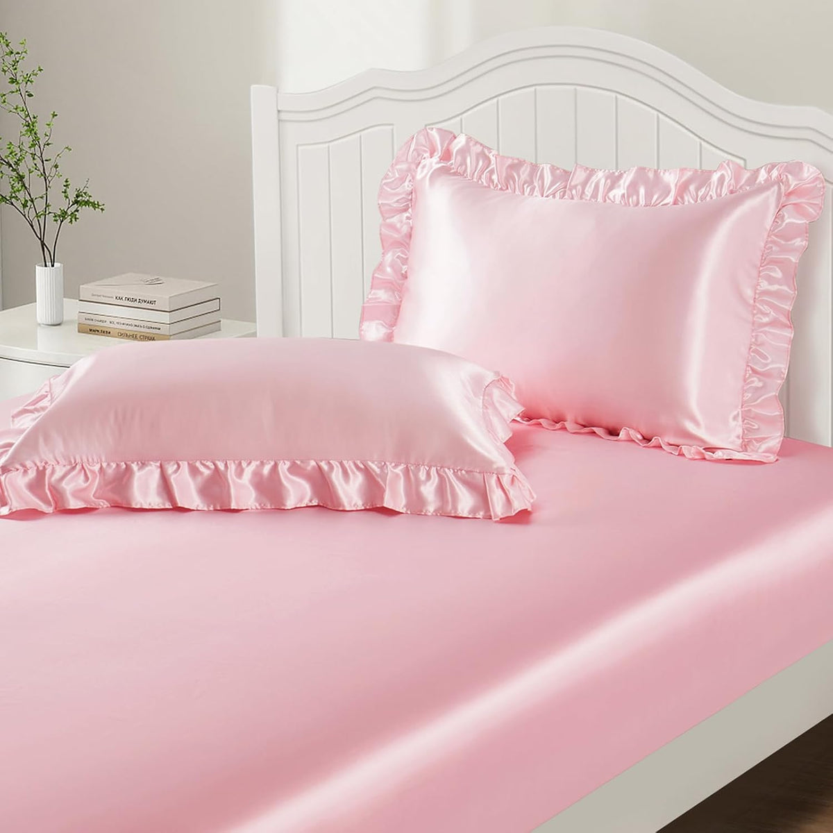 P Pothuiny 3-Piece Set Ruffle Satin Pillowcases & Twin Fitted Sheet