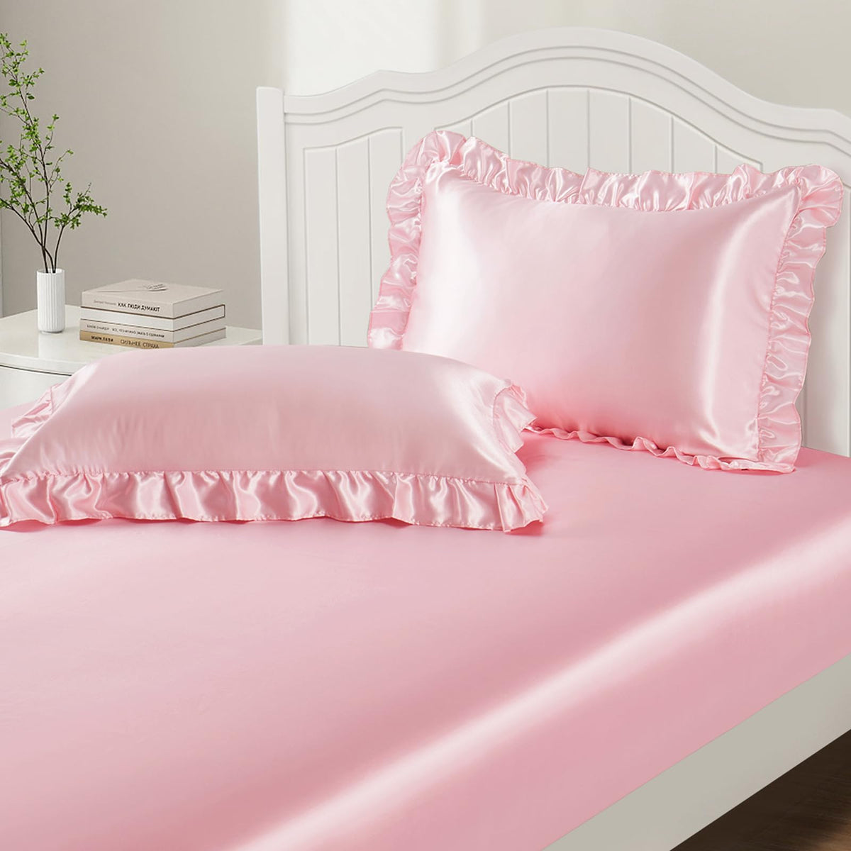 P Pothuiny 3-Piece Set Ruffle Satin Pillowcases & Twin Fitted Sheet