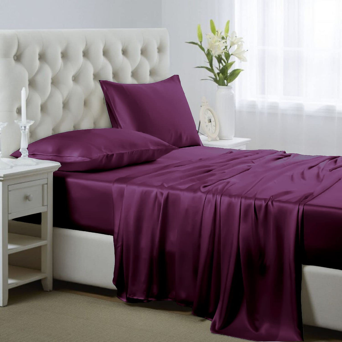 Silk like Satin Sheets, Queen Size Bed Sheet Set, Light Gray, 4 Piece